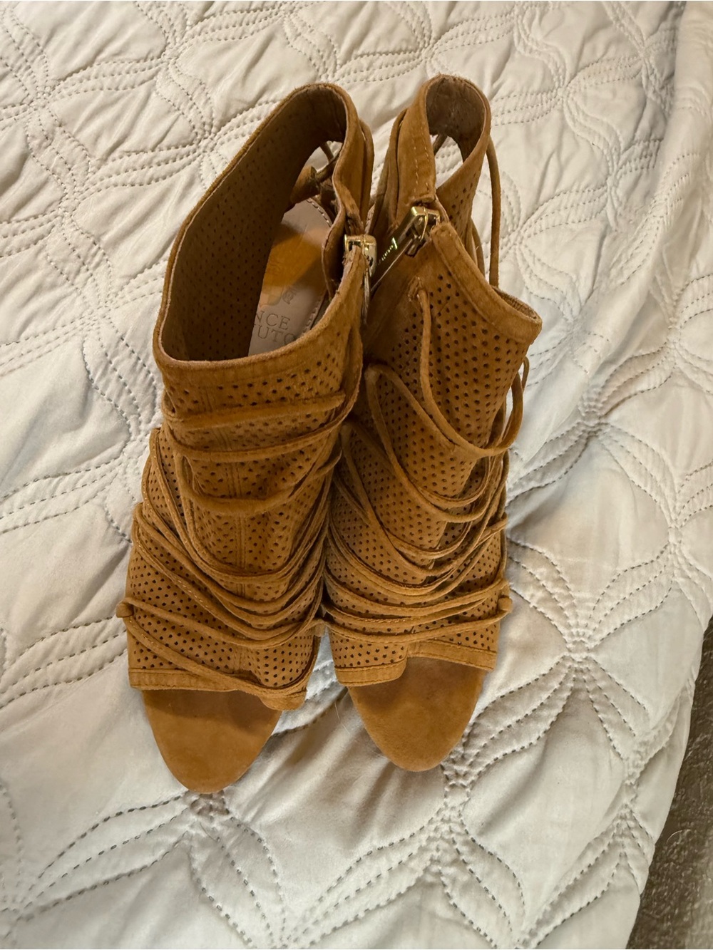 Vince Camuto Tan Perforated Suede Lace-Up Wedge Sandals - Picture 2 of 13